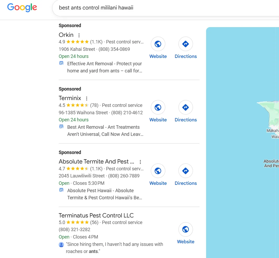 Google results for best ants control mililani hawaii. Three sponsored ads from Orkin, Terminix and Absolute Termite sit above Terminatus Pest Control LLC, rated 5.0, as the first organic result.